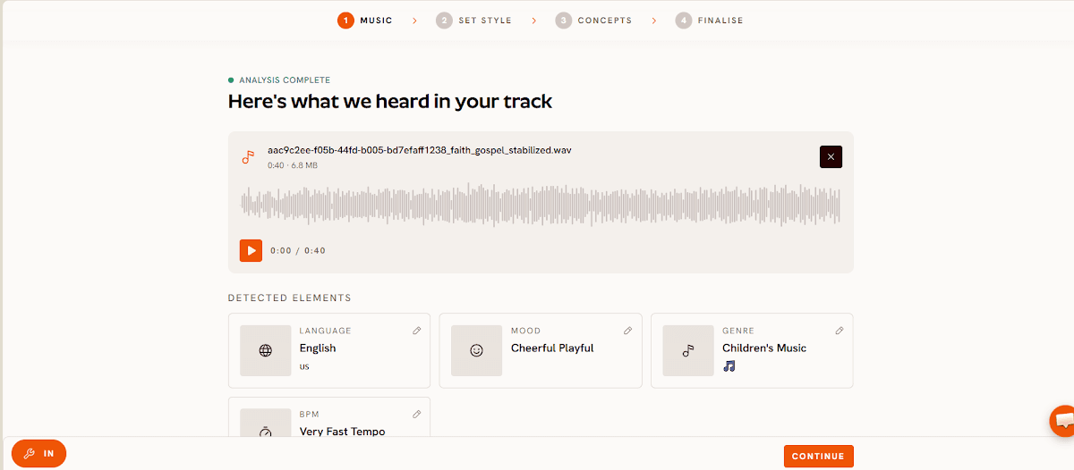 The Music step in the Atlabs Music Video workflow, where you upload your track