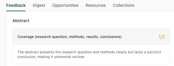 thesify diagnostic report flagging an abstract for lacking a succinct conclusion despite having clear methods.
