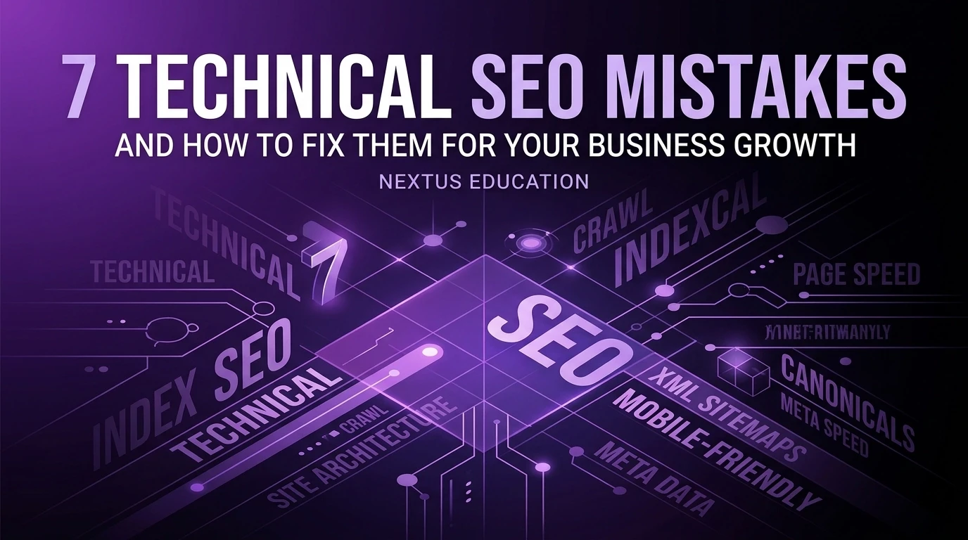 a modern grid layout with SEO keywords and the title '7 technical seo mistakes'