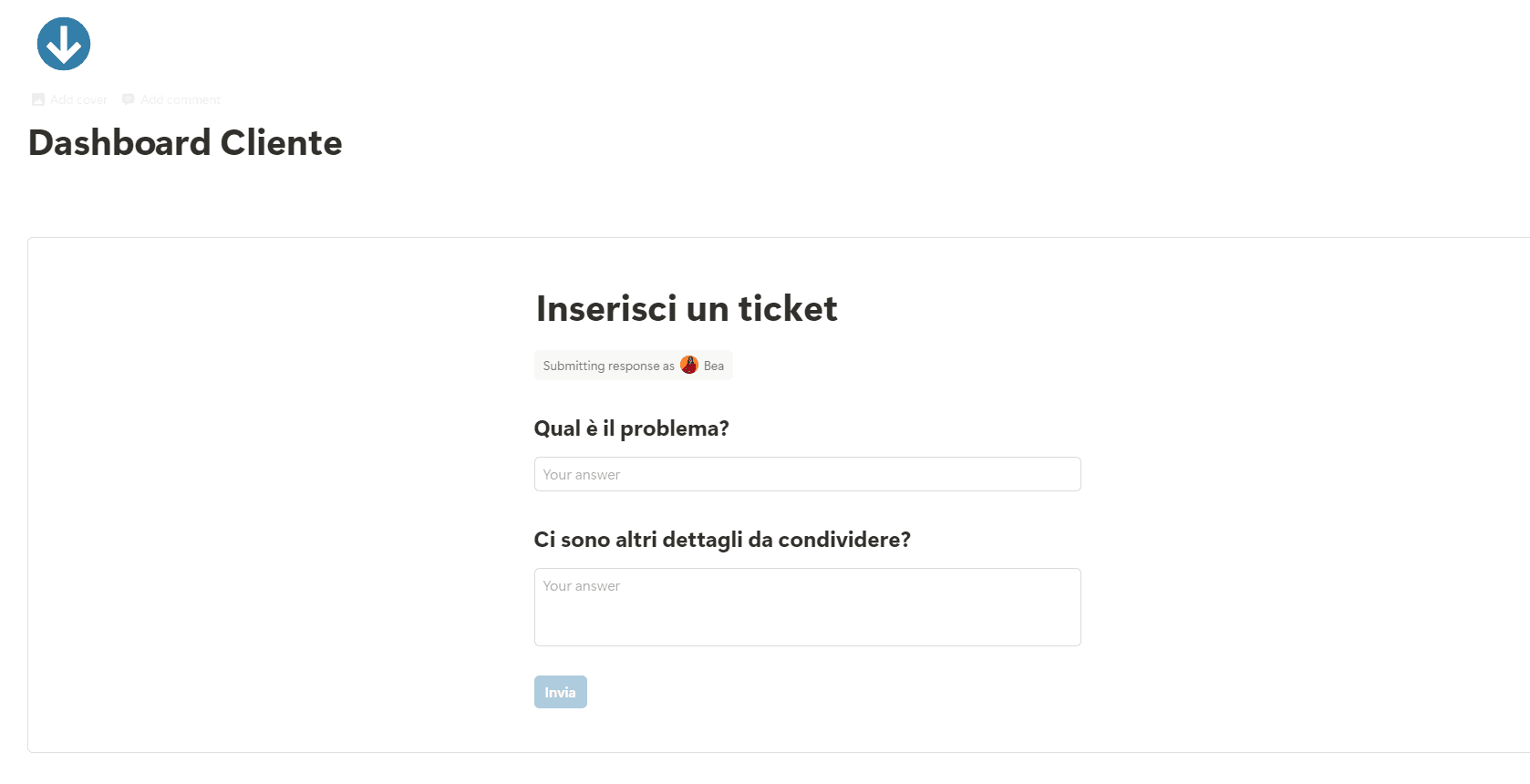 Notion form per i ticket dei clienti