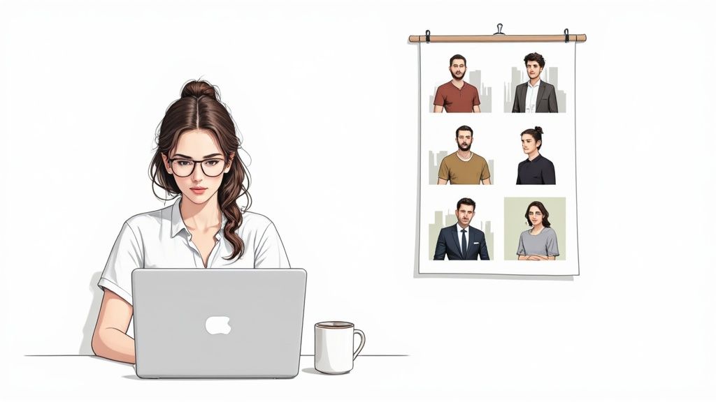 Eine Frau mit Brille arbeitet an einem Laptop, daneben ein Whiteboard mit sechs stilisierten KI-Porträts von Personen.