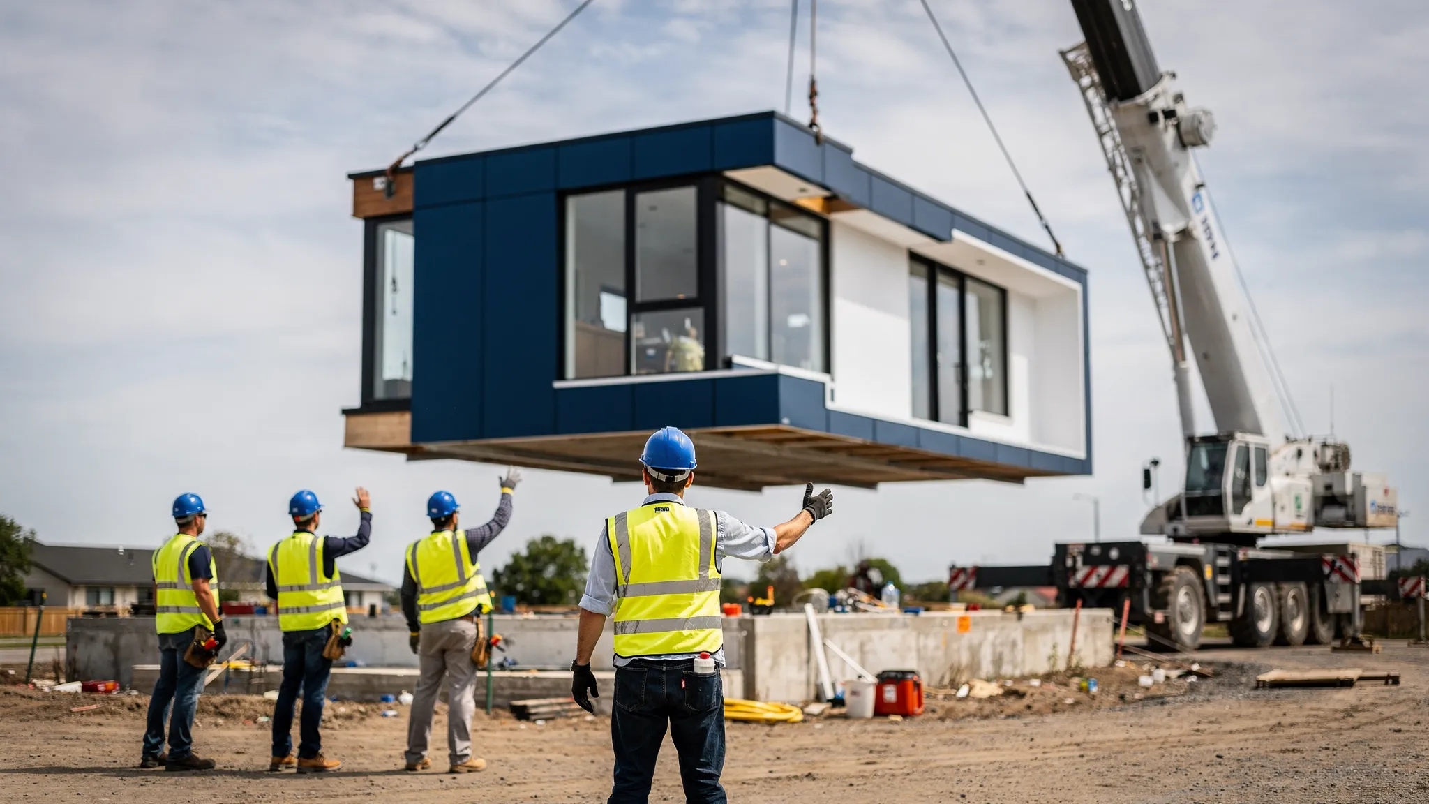 Een modulaire woning wordt met een kraan op de fundering geplaatst, met enkele bouwprofessionals op veilige afstand die de positionering begeleiden.