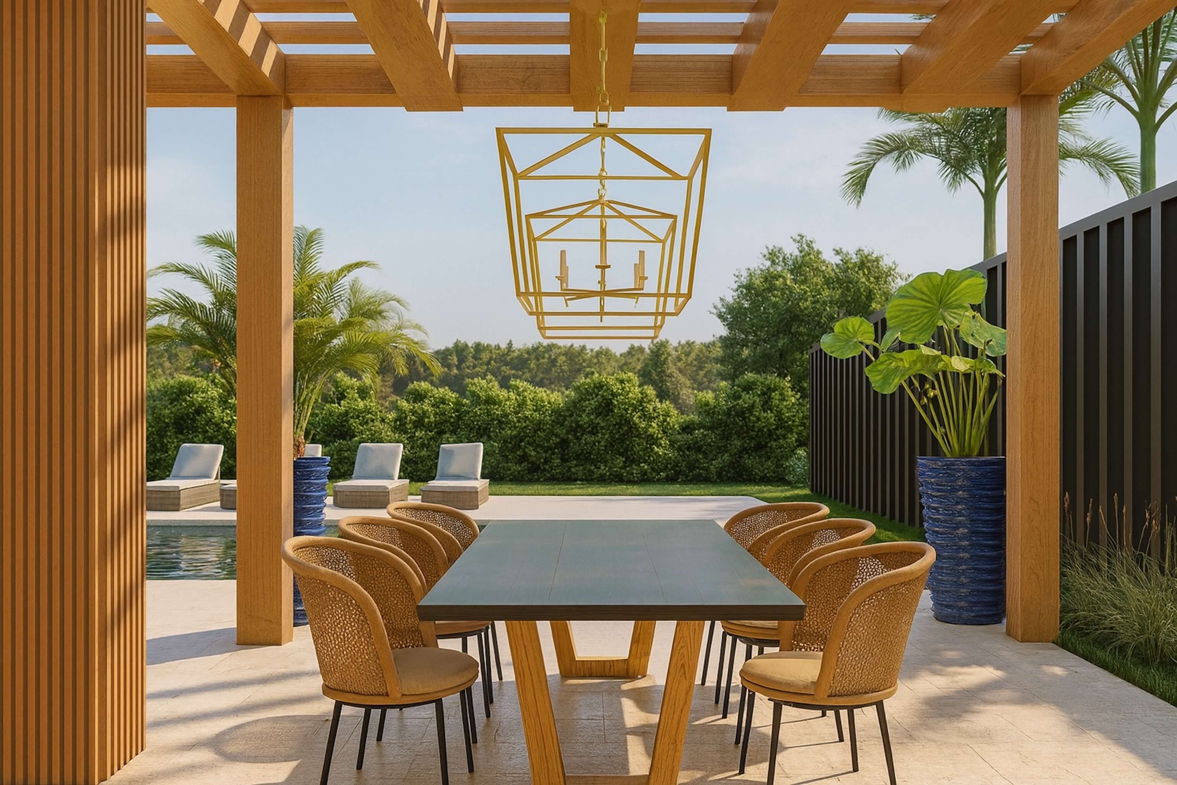 Elegant outdoor dining space with a contemporary wood pergola, blue planters, and a large dining table overlooking a pool — showcasing luxury outdoor living spaces designed for entertaining.