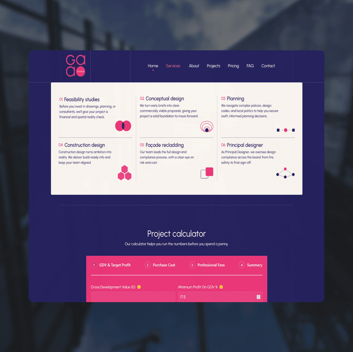Website homepage, showing project calculator, design phases, and navigation menu at the top.