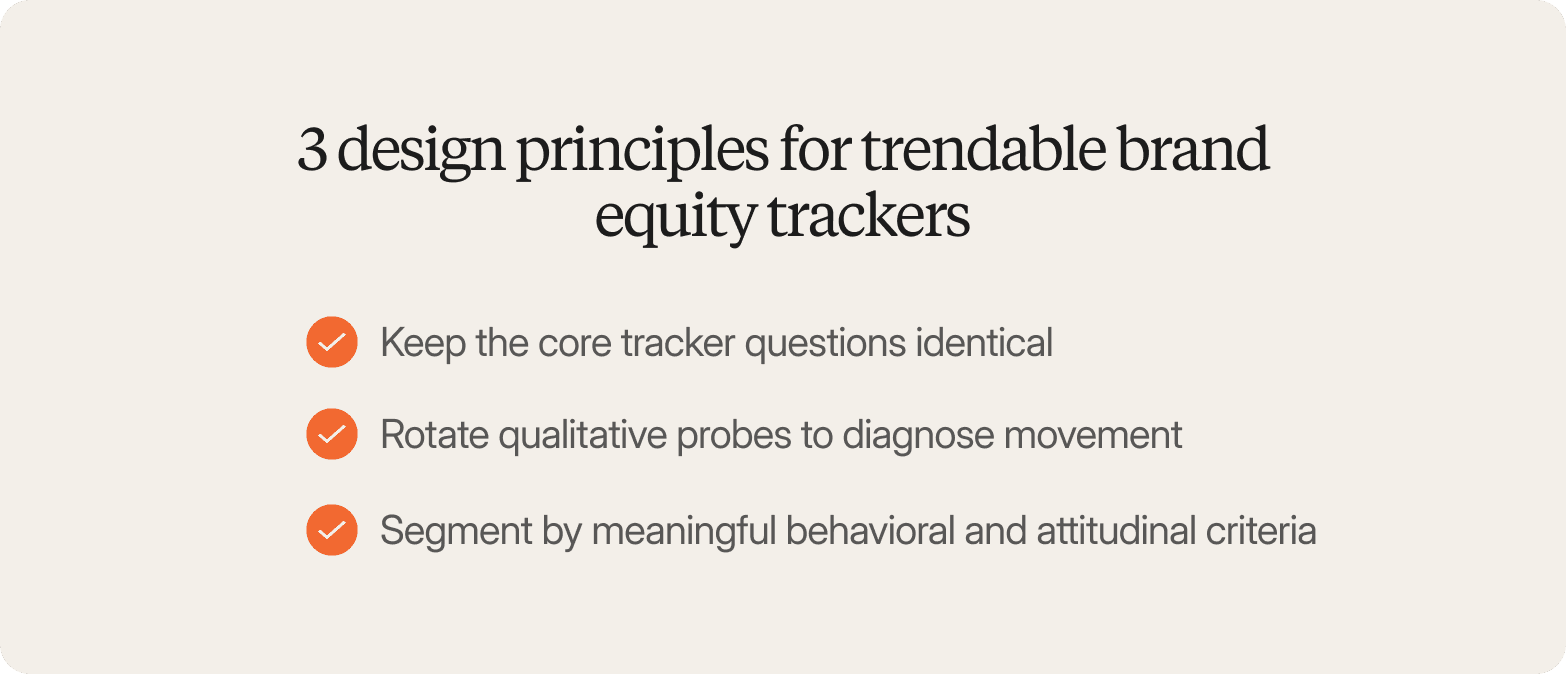 List titled "3 design principles for trendable brand equity trackers": keep the core tracker questions identical, rotate qualitative probes to diagnose movement, and segment by meaningful behavioral and attitudinal criteria.