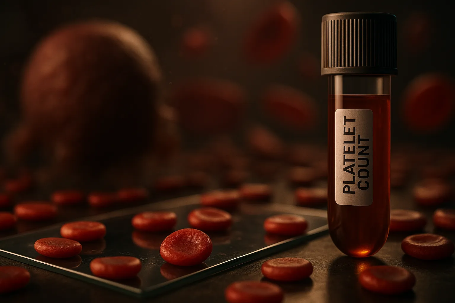 Blood tube labeled platelet count beside a glass slide covered with small disc-shaped platelets and blurred red blood cells in the background.