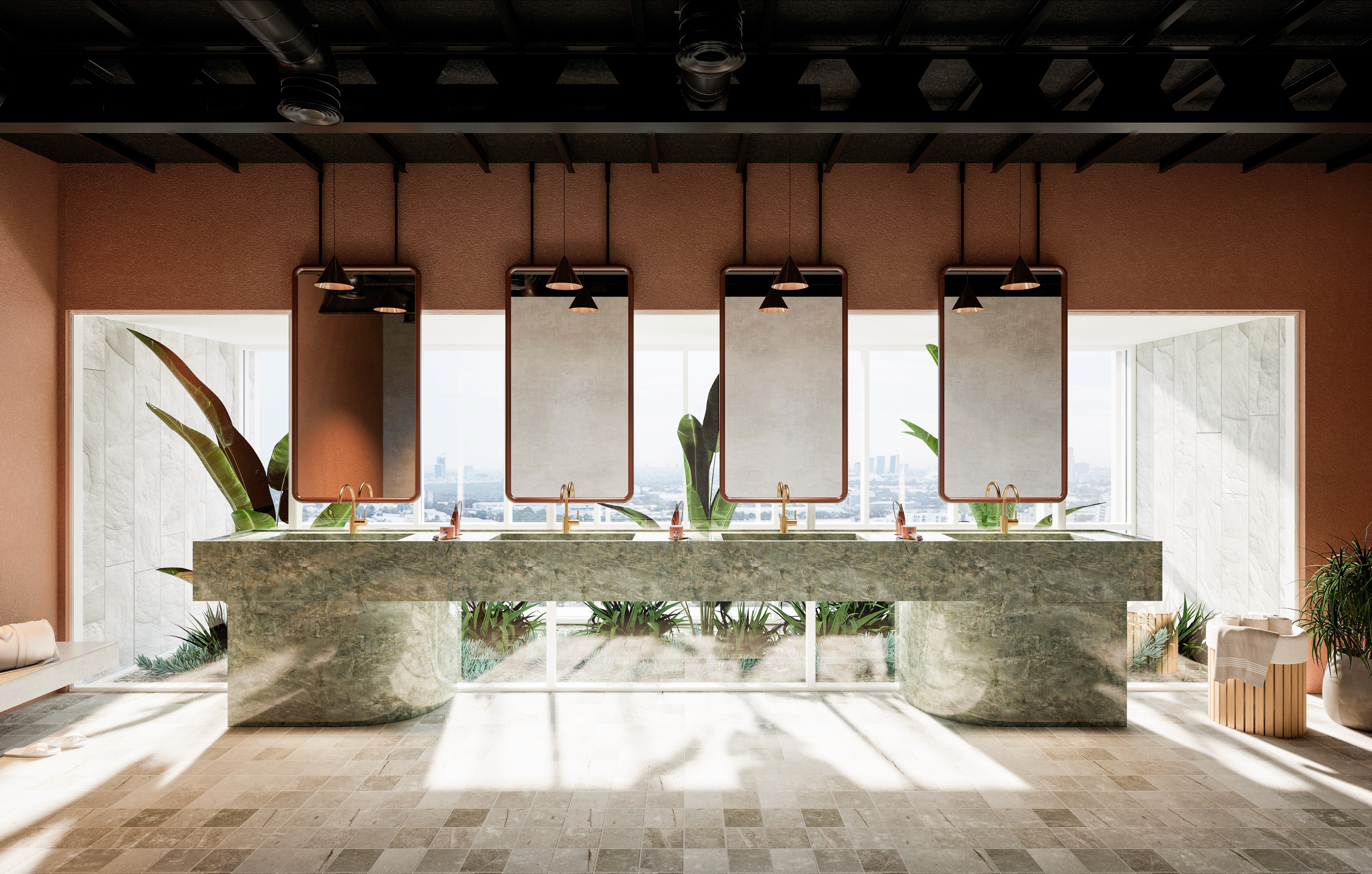 Geometric wooden wall panels with angled shapes and warm highlights.