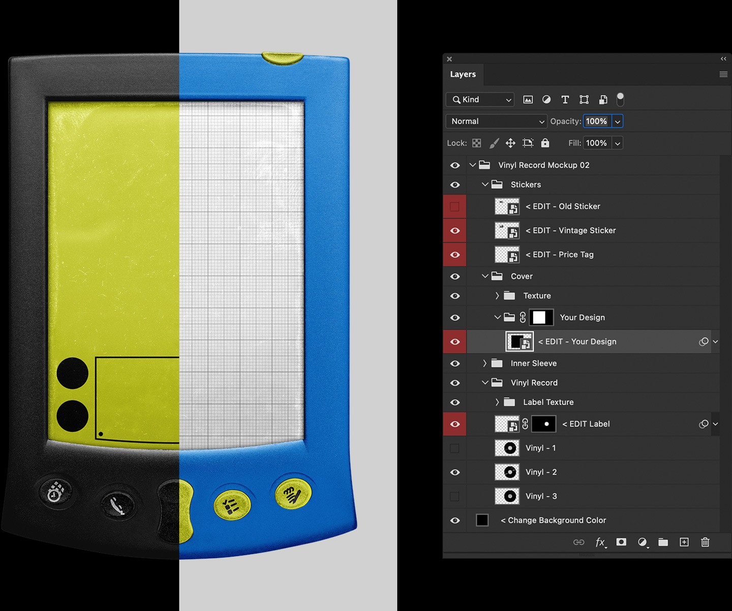 Retro smart device mockup Photoshop smart object editing with color customization