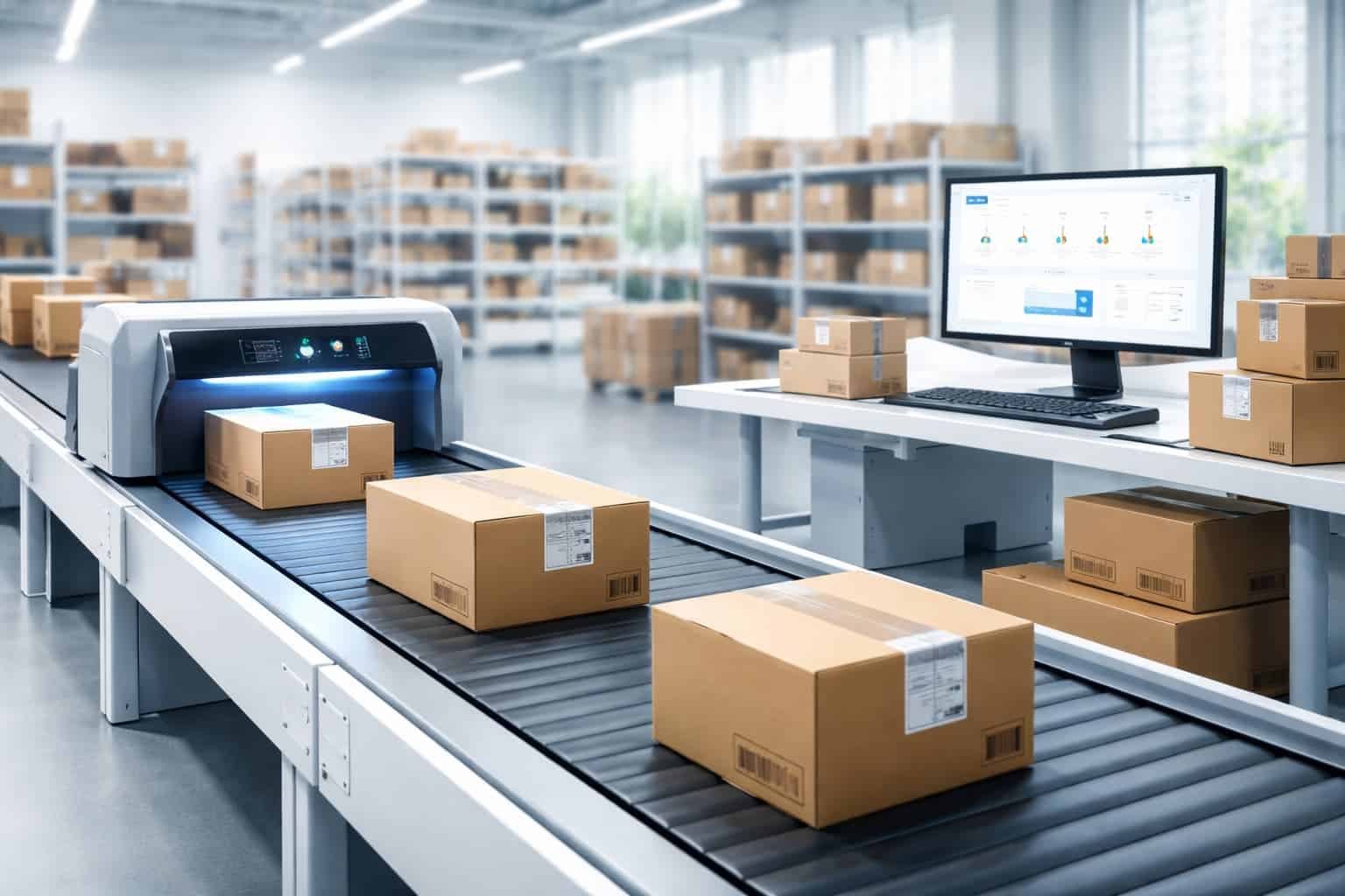 A modern warehouse with cardboard boxes moving smoothly on a conveyor belt, passing through an automated scanner, with a computer showing logistics data nearby.
