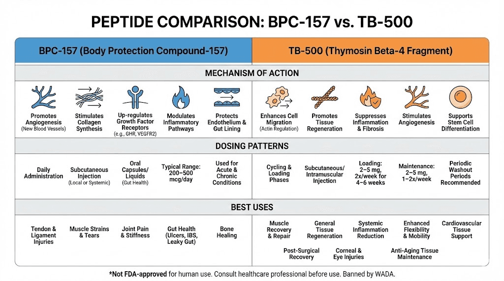 BPC-157 versus TB-500 comparison chart showing mechanisms and dosing protocols
