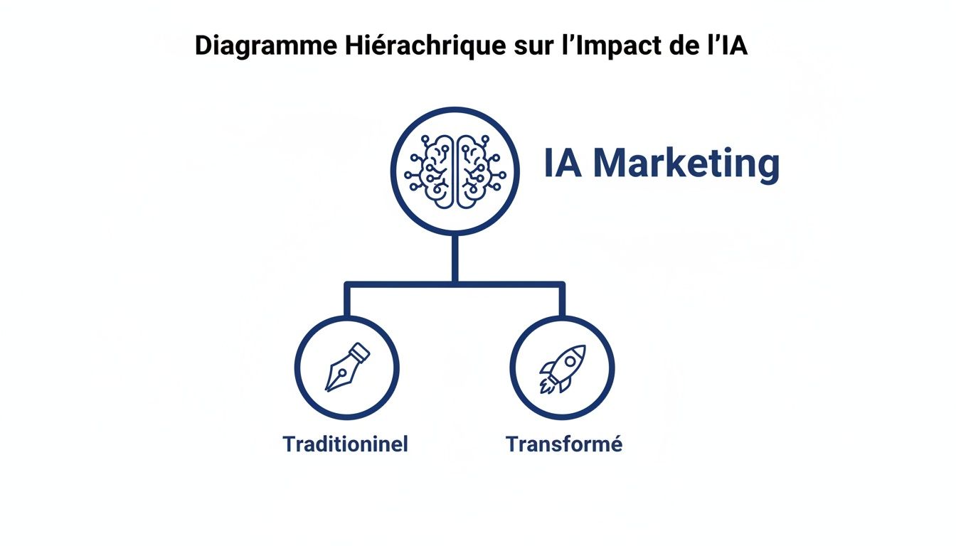 Diagramme hiérarchique montrant l'impact de l'IA sur le marketing, comparant approches traditionnelles et transformées.