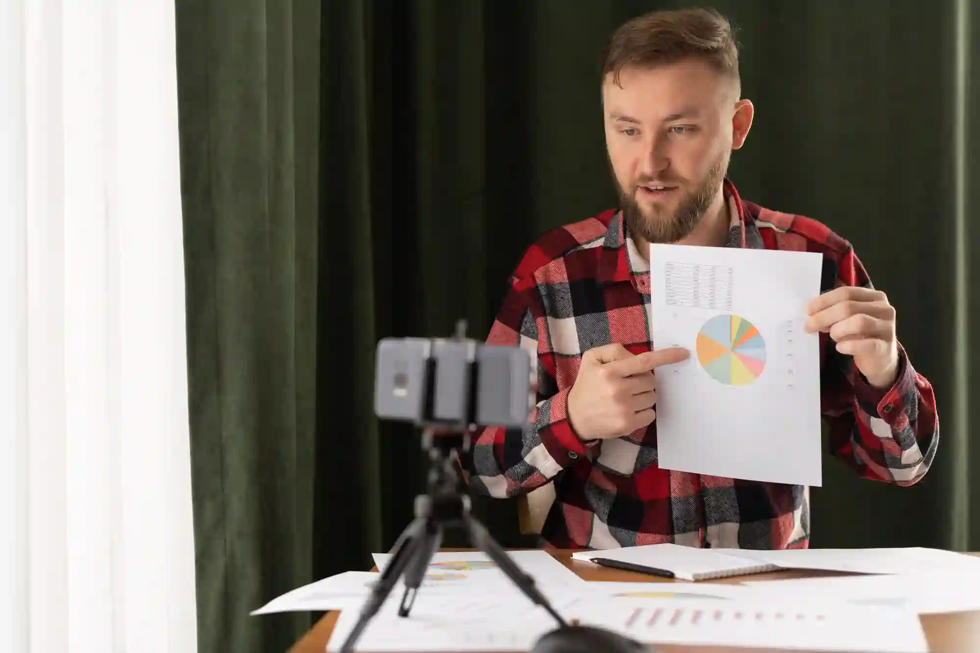A TikTok creator recording a video for their diagnosis guide, explaining performance data with a pie chart.