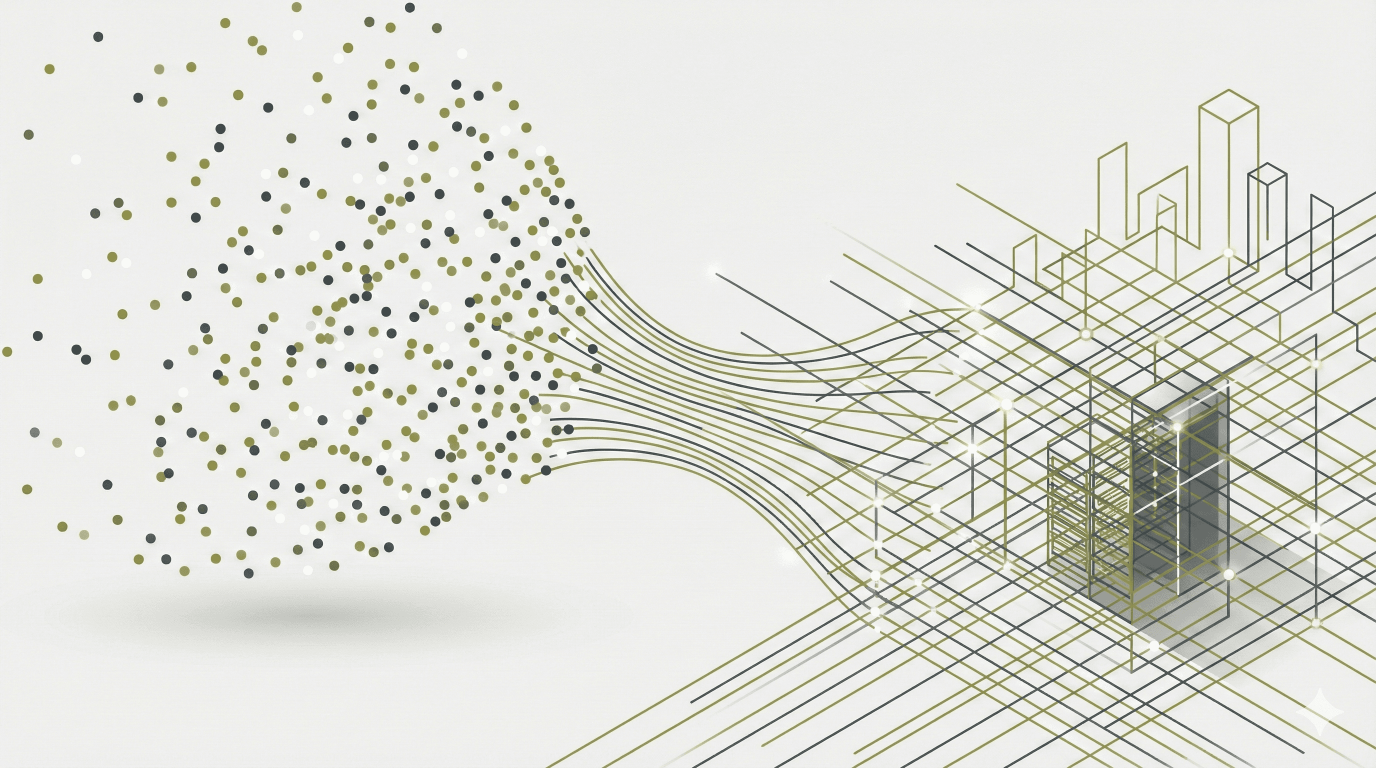 Abstract image of small scattered dots flowing into organized lines