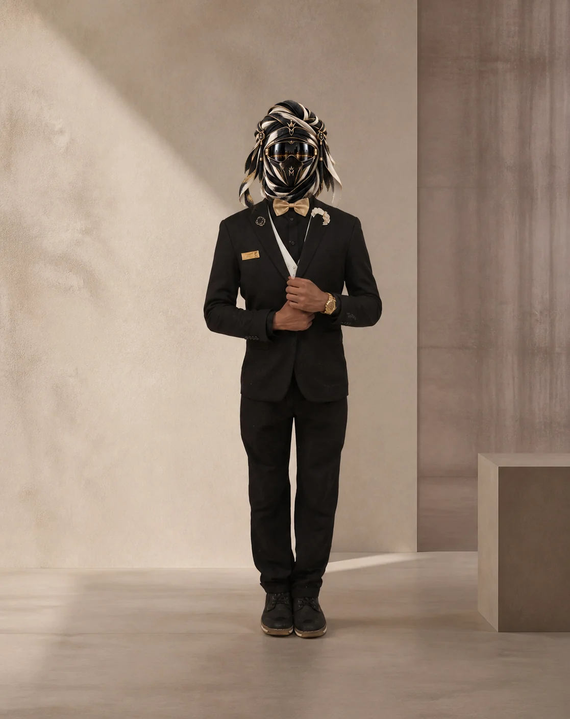 Full-length view of Gold Pins, a black formal suit accented with small gold pins and metallic details, with the official Marzelest face covering.