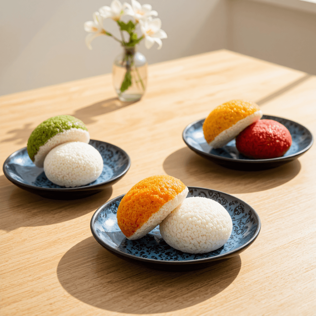 product photography of a plate of colorful rice cakes
