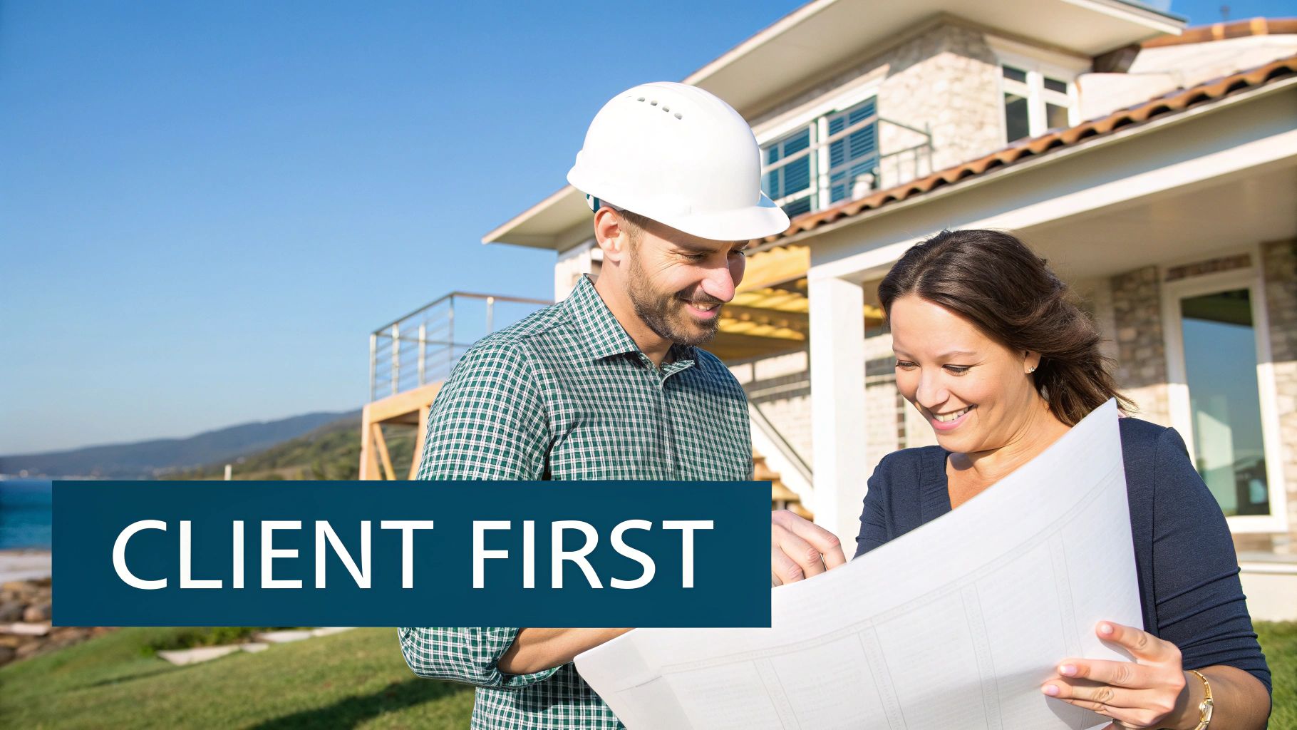 Architect and client happily reviewing blueprints outside a custom home, emphasizing customer satisfaction.