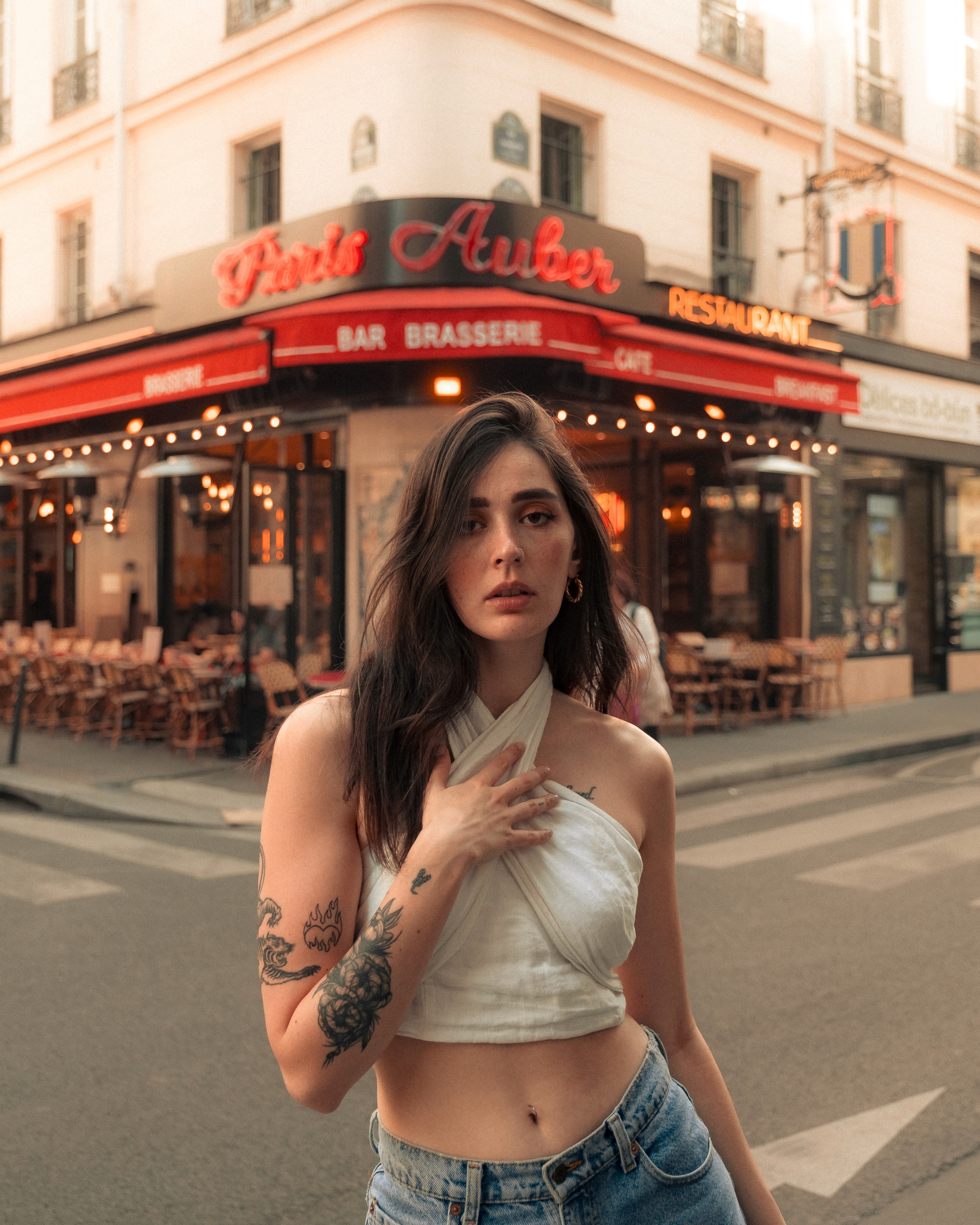 Serene woman with leaf shadows