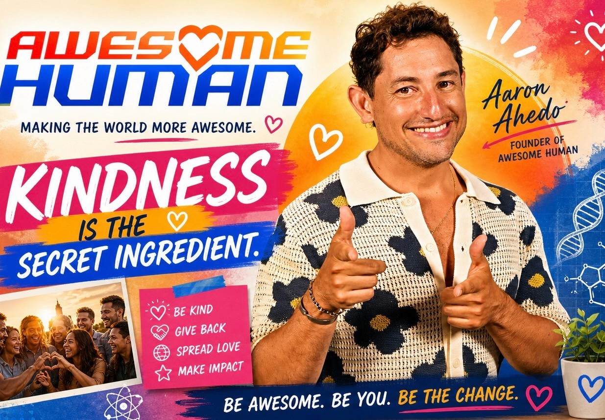 Colorful poster features a smiling person pointing with text: “Awesome Human,” “Kindness is the secret ingredient,” and “Be kind, give back.”