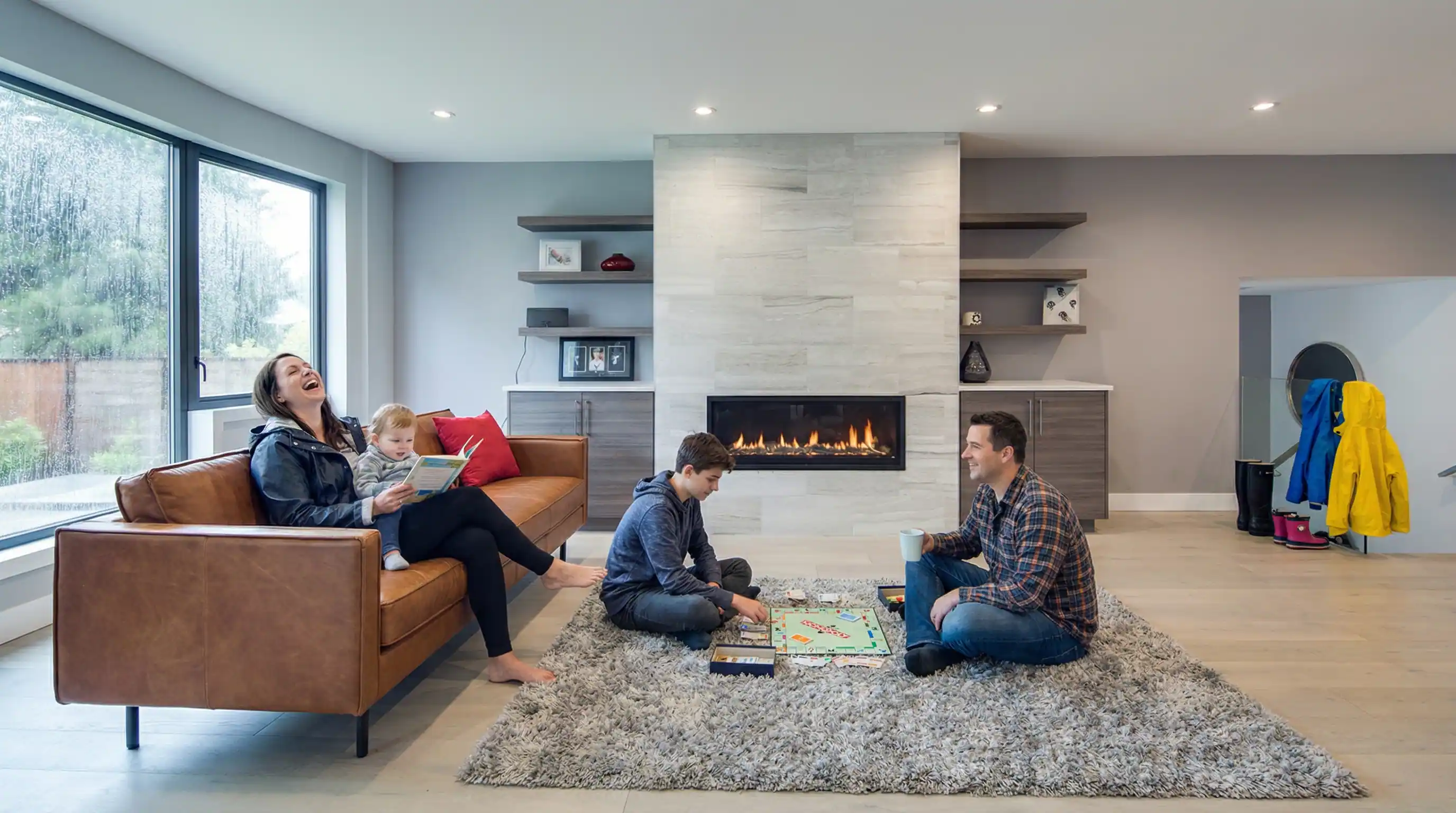 Family relaxing together in a finished custom home living room with fireplace