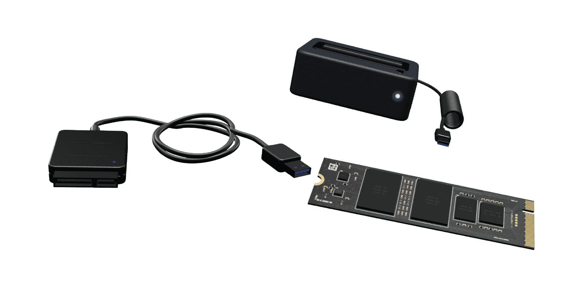 A USB drive adapter dock connected by cable to an M.2 SSD
