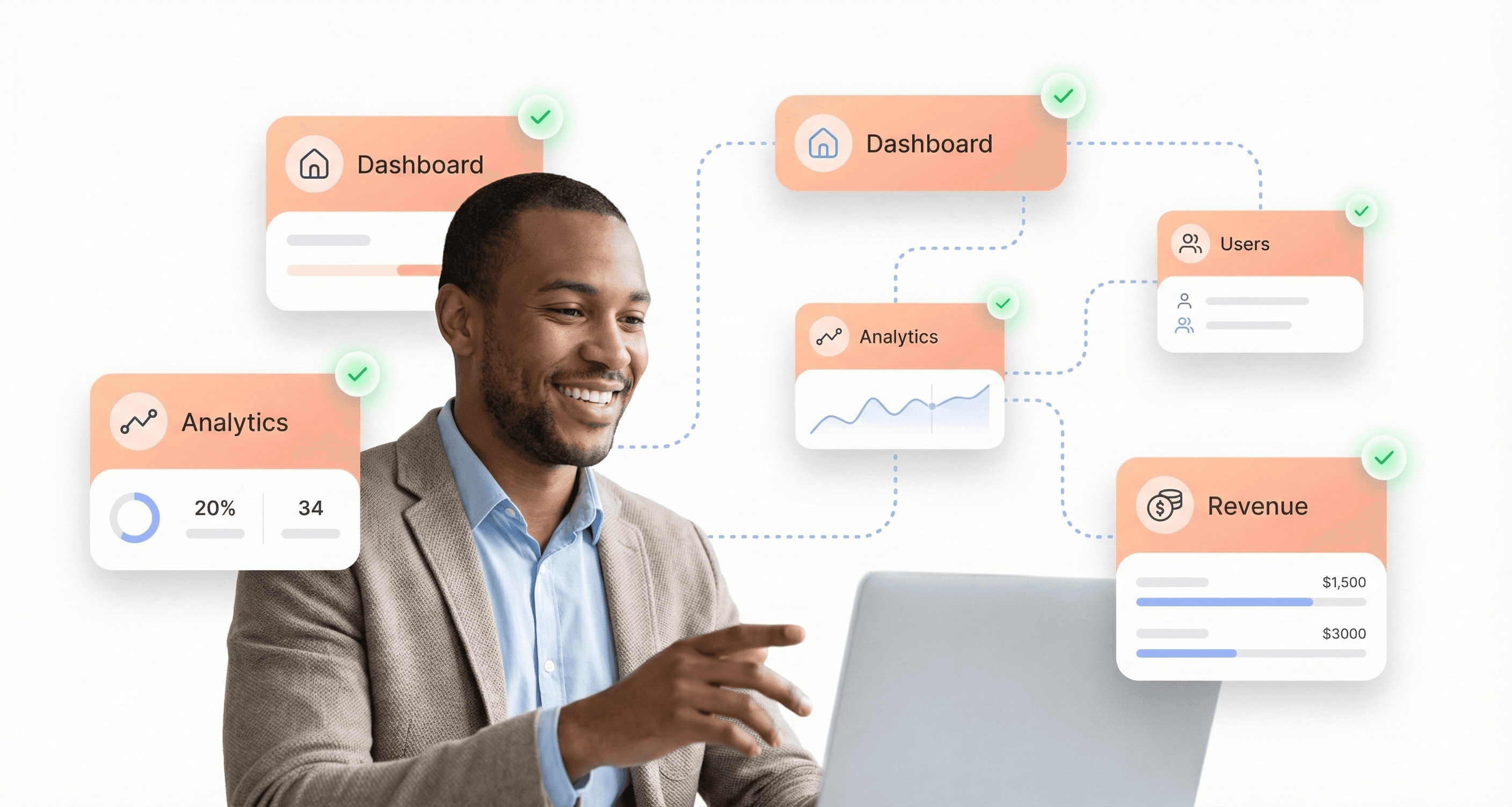 Instant-loading SaaS dashboard with floating UI cards on a clean white background, showing a professional user viewing analytics and features without loading delays, representing fast front-end performance and improved user trust.
