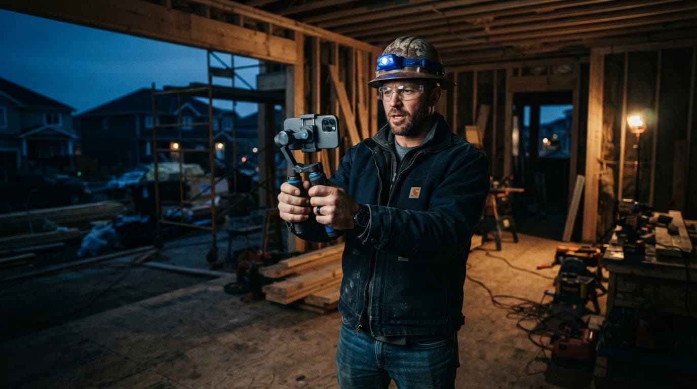 A contractor filming with a smartphone inside a residential construction site.