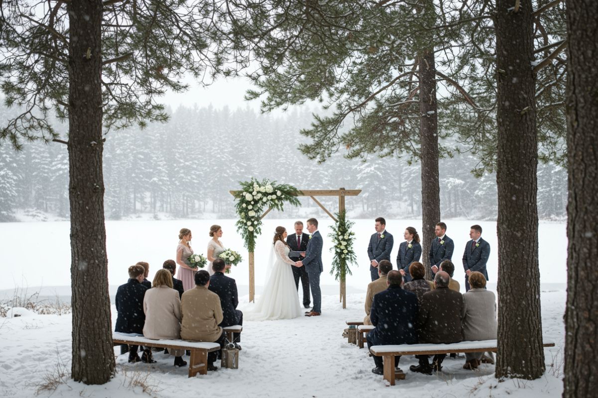 A couple exchanging vows outdoors during a snowy winter wedding in Muskoka, surrounded by snow-covered trees and white décor.