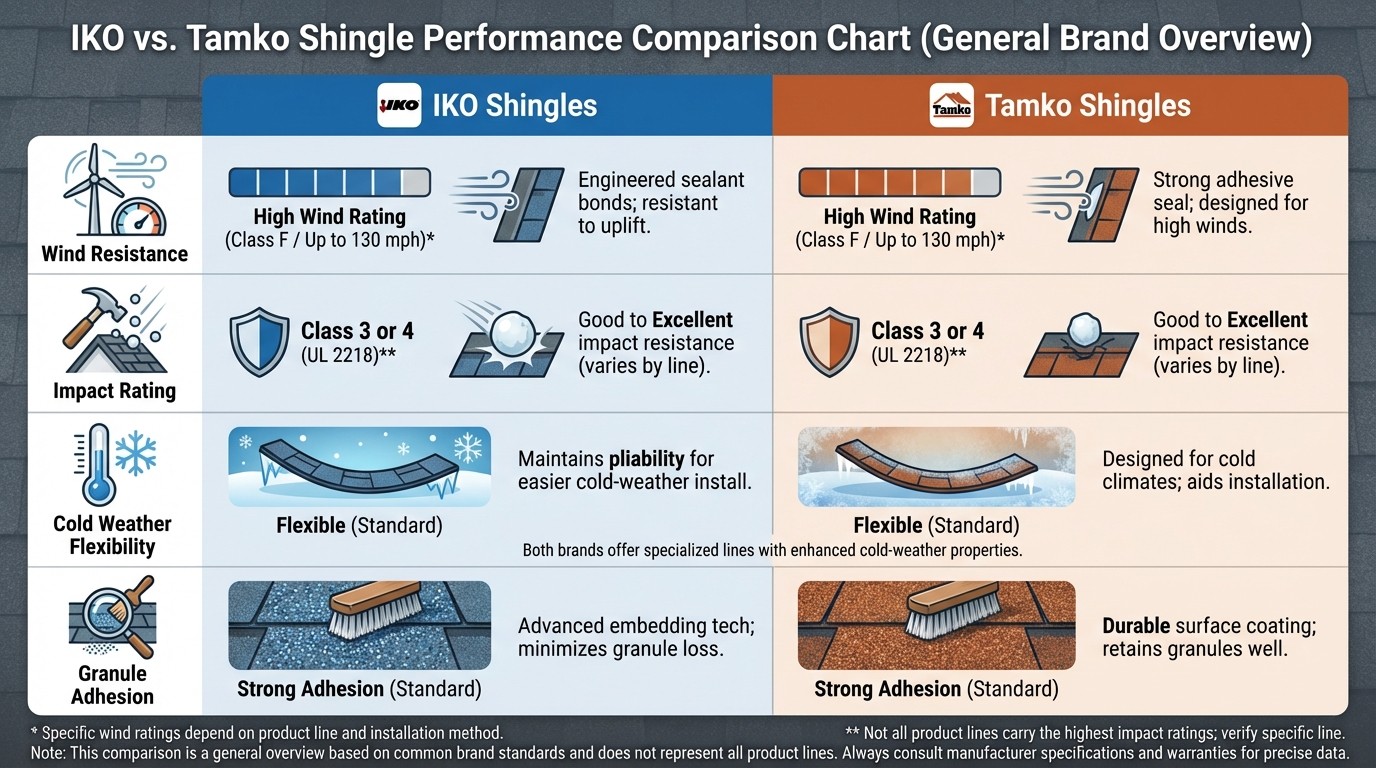 IKO vs Tamko performance comparison showing wind and impact ratings