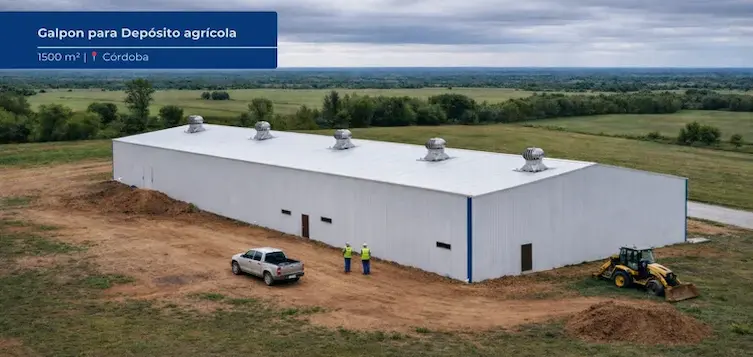 Galpón logístico metálico de 25x60 metros construido con estructura de acero y cerramiento de chapa blanca para depósito industrial en Argentina.