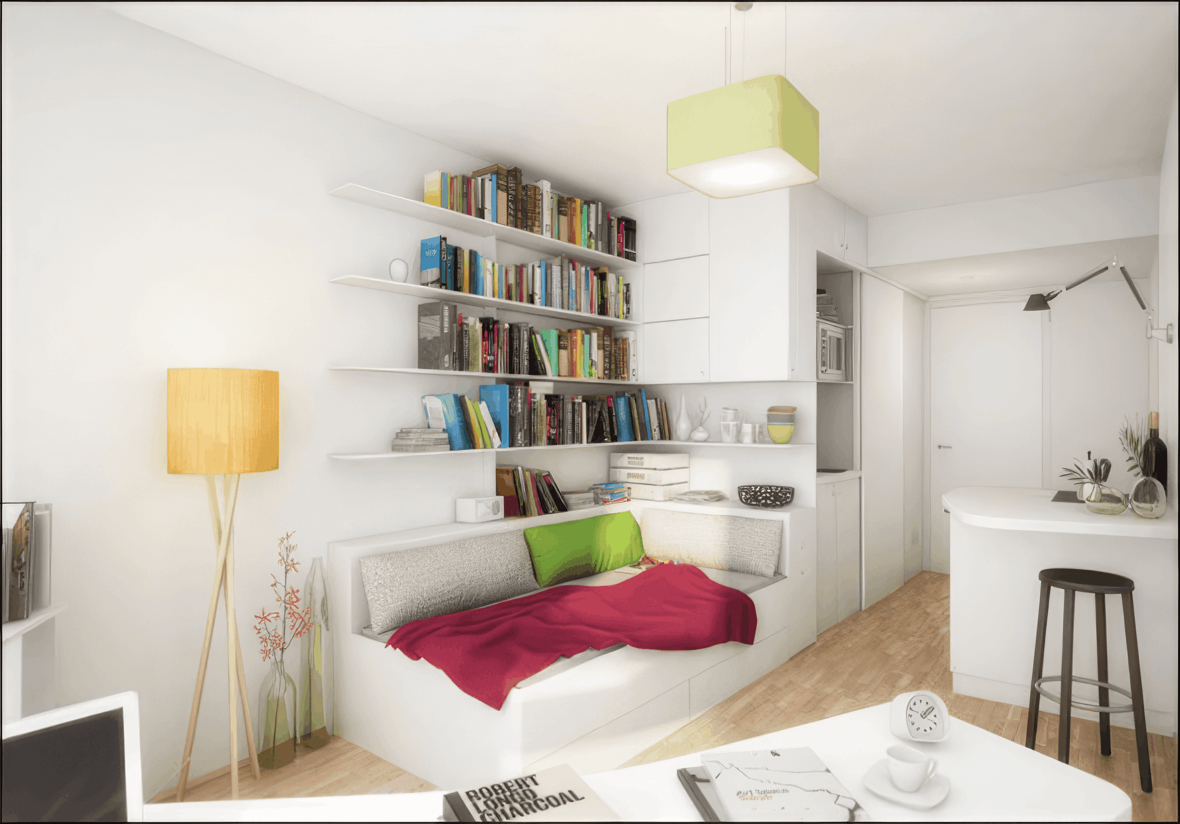 MW Interior - Visualisierung eines Studentenzimmers mit integrierter Schlafnische, raumhohem Bücherregal, Küchentheke und grüner Pendelleuchte" Beschreibung: Durchdachte Raumplanung auf kleiner Fläche: Eine in die Wand integrierte Schlaf- und Ablageeinheit, eine offene Küchenkombination und farbige Akzentleuchten schaffen ein junges, funktionales Wohnambiente.