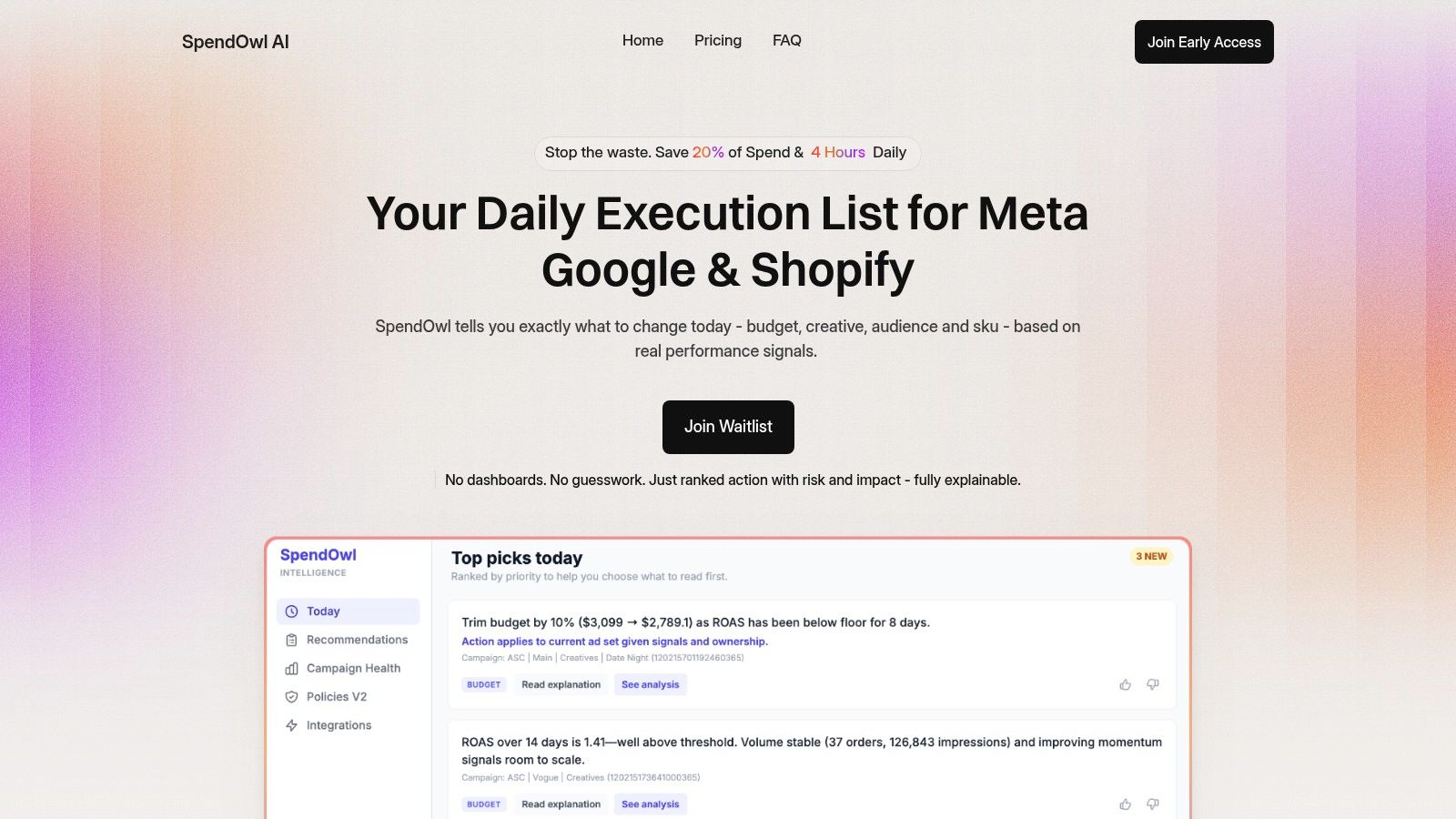 SpendOwlAI dashboard showing an organized to-do list for ad campaign optimization, which is an example of business to business e commerce
