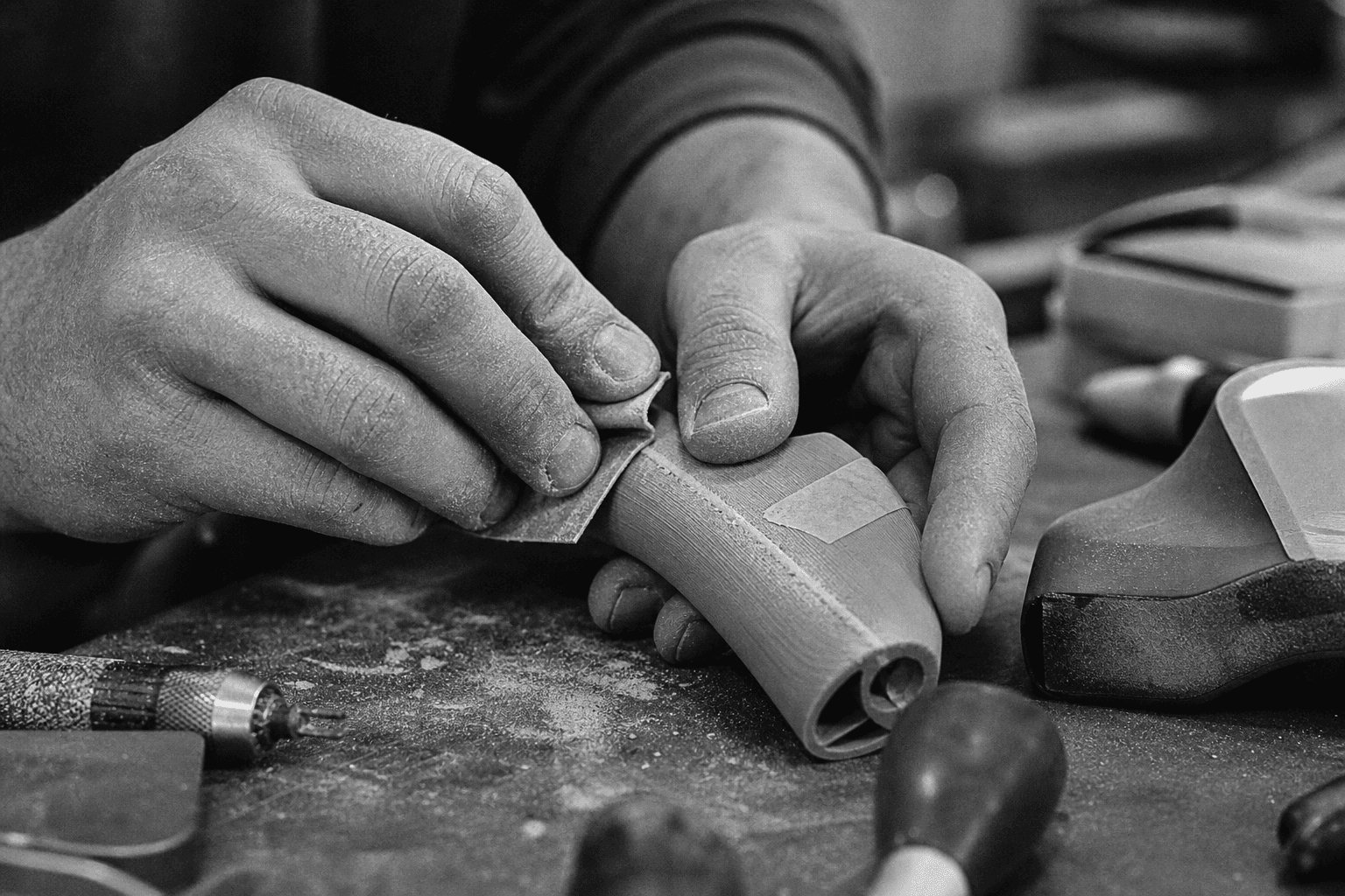 Designer sanding a physical product prototype by hand.