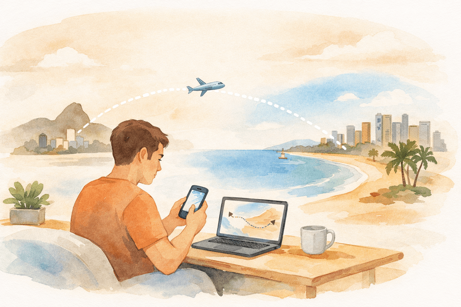 Ilustração em aquarela digital mostrando pessoa planejando viagem no celular com trajeto aéreo suave, representando economia estratégica de milhas para Fortaleza