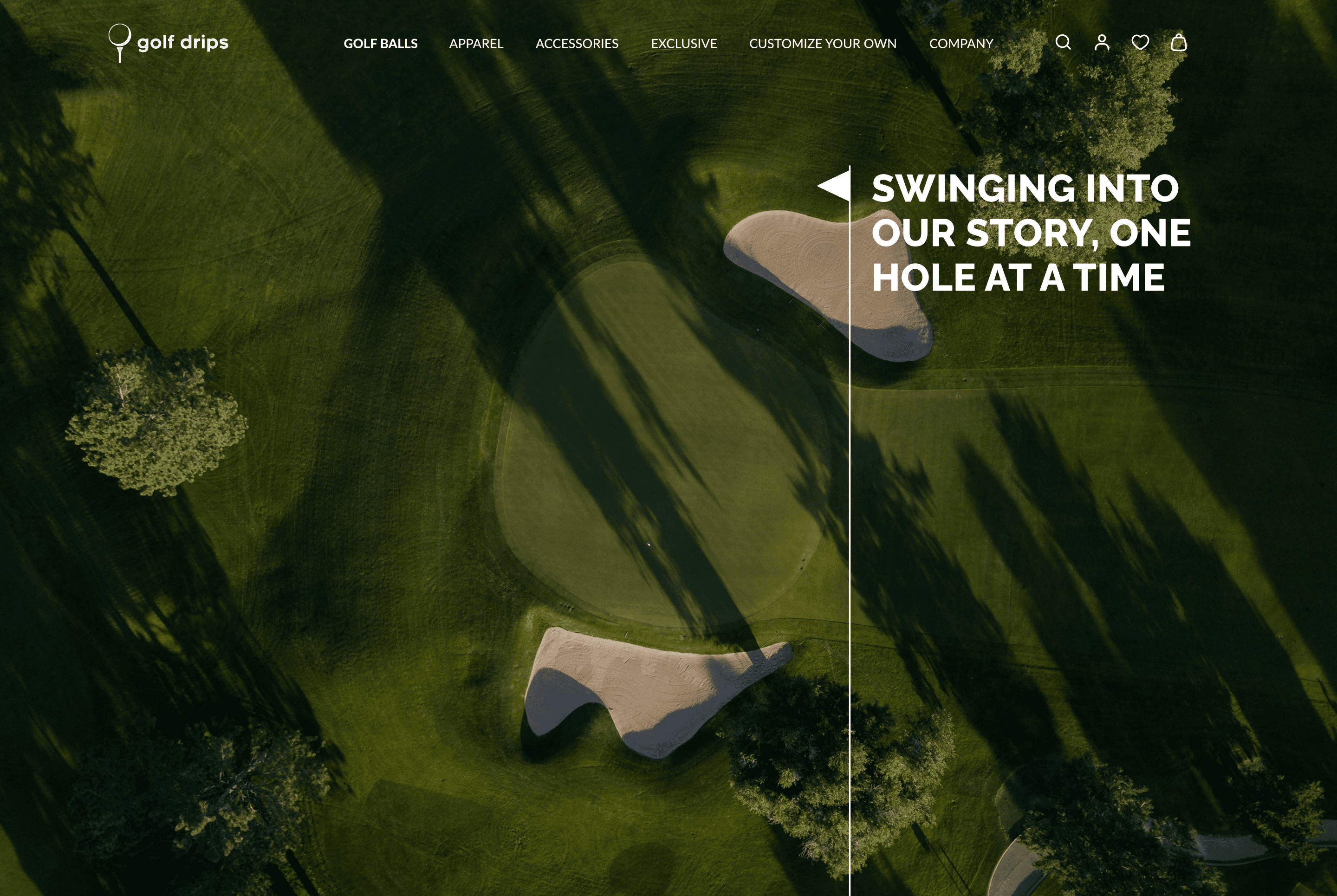 Aerial view of a lush green golf course with sand bunkers and shadows of tall trees at sunset – Golf Drips brand hero section