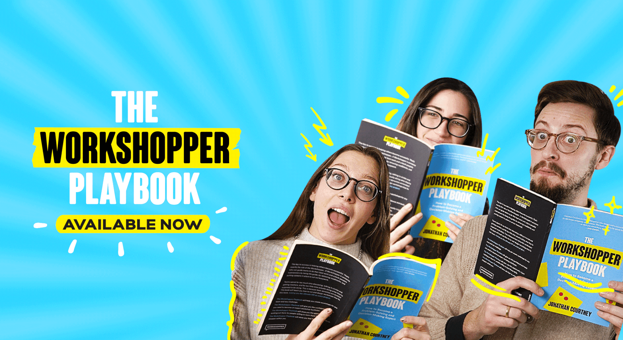 Team reading The Workshopper Playbook with 'Available Now' banner on blue sunburst background