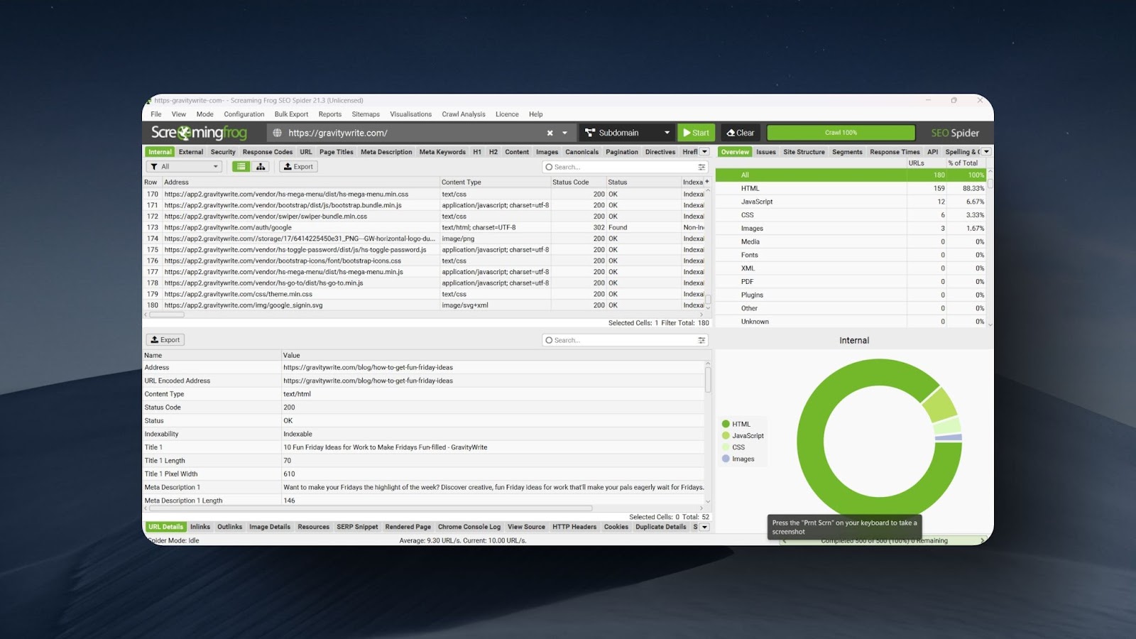 snapshot of Screaming Frog SEO Spider analyzing a website with details on internal links, indexability, response codes, and content type breakdown.