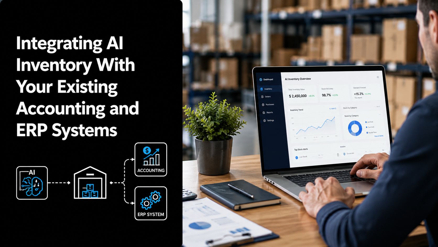 A professional analyzing AI-driven inventory management data on a laptop in a warehouse setting.