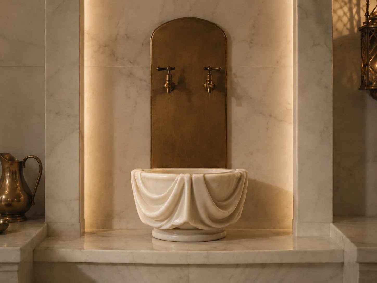 Sculptural marble hammam kurna with draped carvings, antique bronze backplate and traditional twin taps