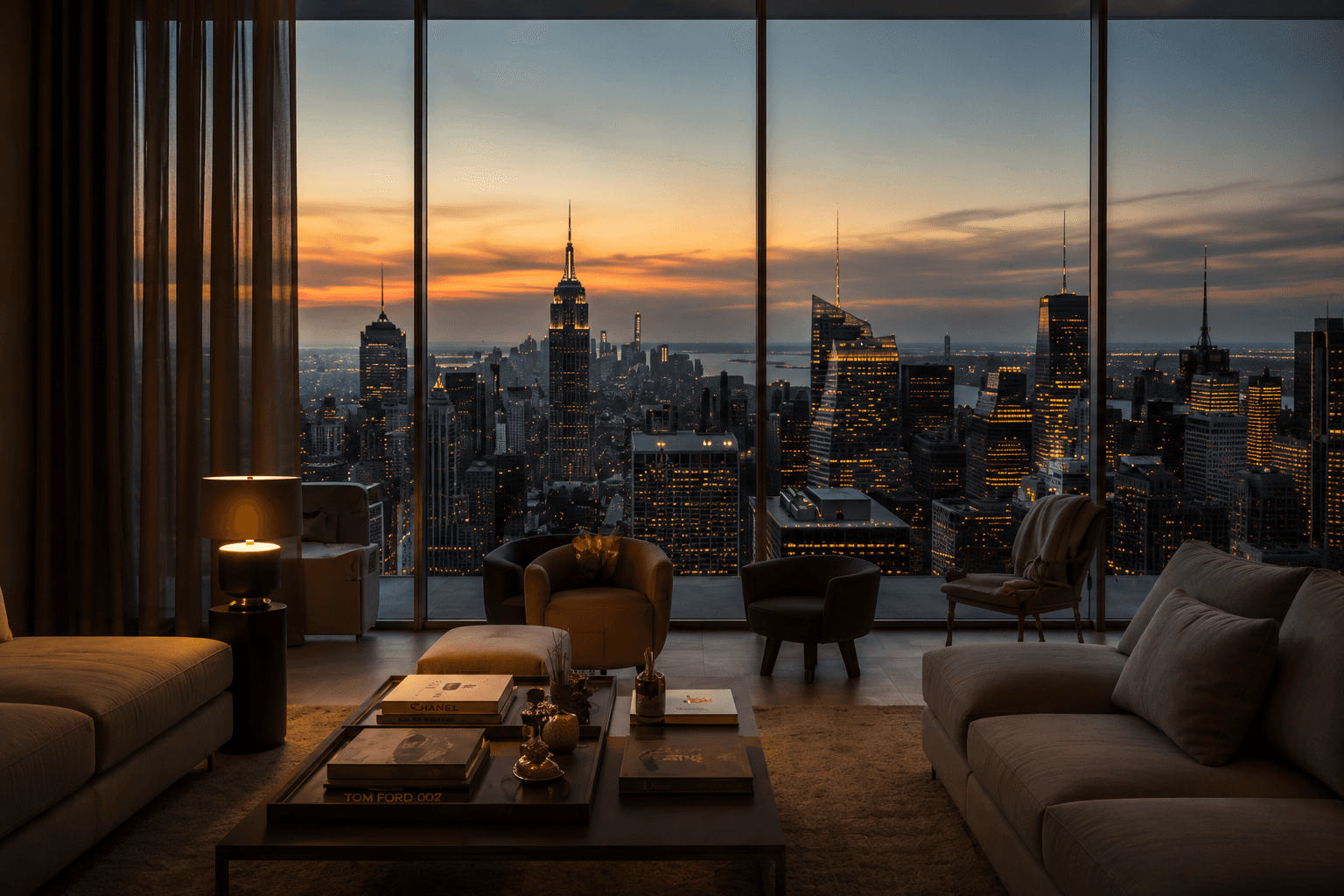 Attico di lusso con vista sullo skyline al tramonto