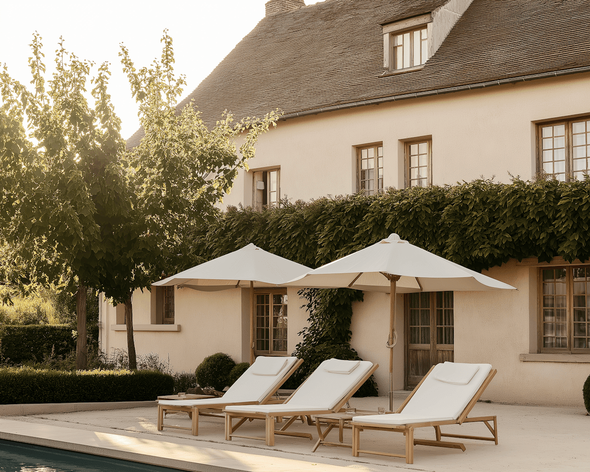 Poolside lounge chairs in a well-designed resort setting