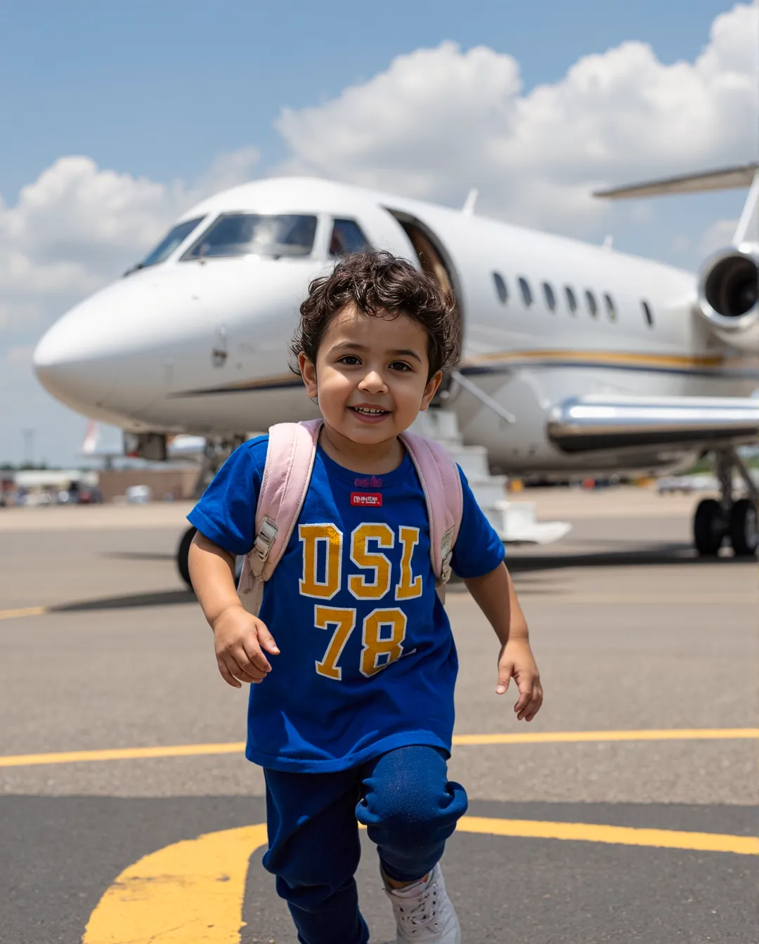 A small child in a blue shirt with a backpack running excitedly on an airport tarmac with a private jet in the background