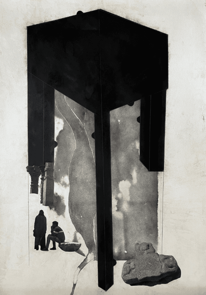 herd of sheep on road painting