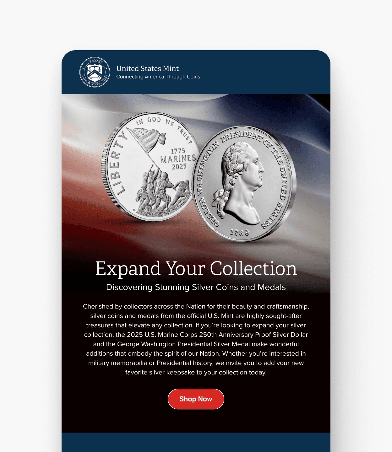 An example of a promotional email feautring the American Eagle Silver Proof Coin...