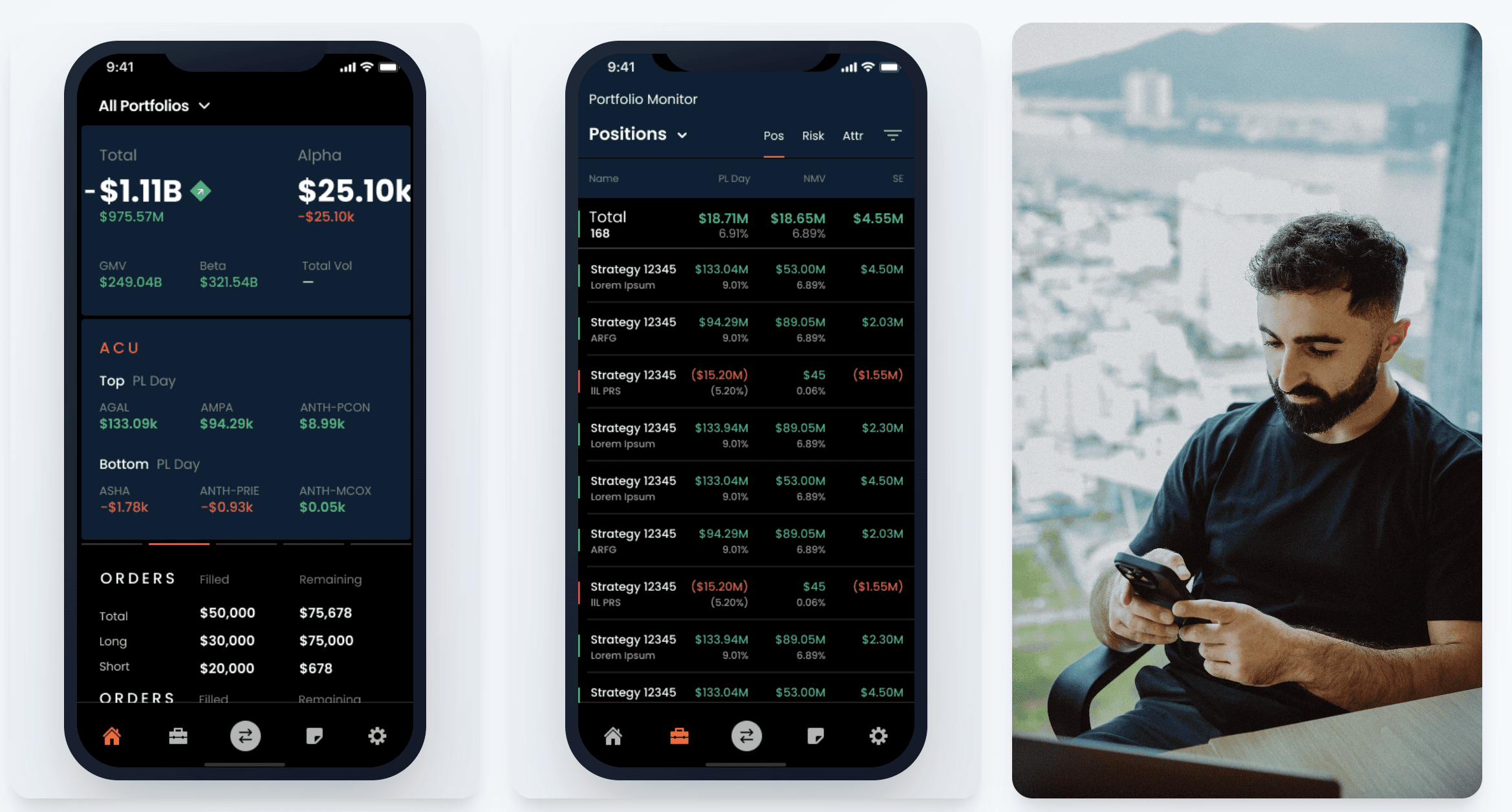 Mobile portfolio management app showing real‑time portfolio summaries and position views alongside a portfolio manager monitoring performance on a smartphone, illustrating mobile‑first portfolio monitoring for institutional trading.
