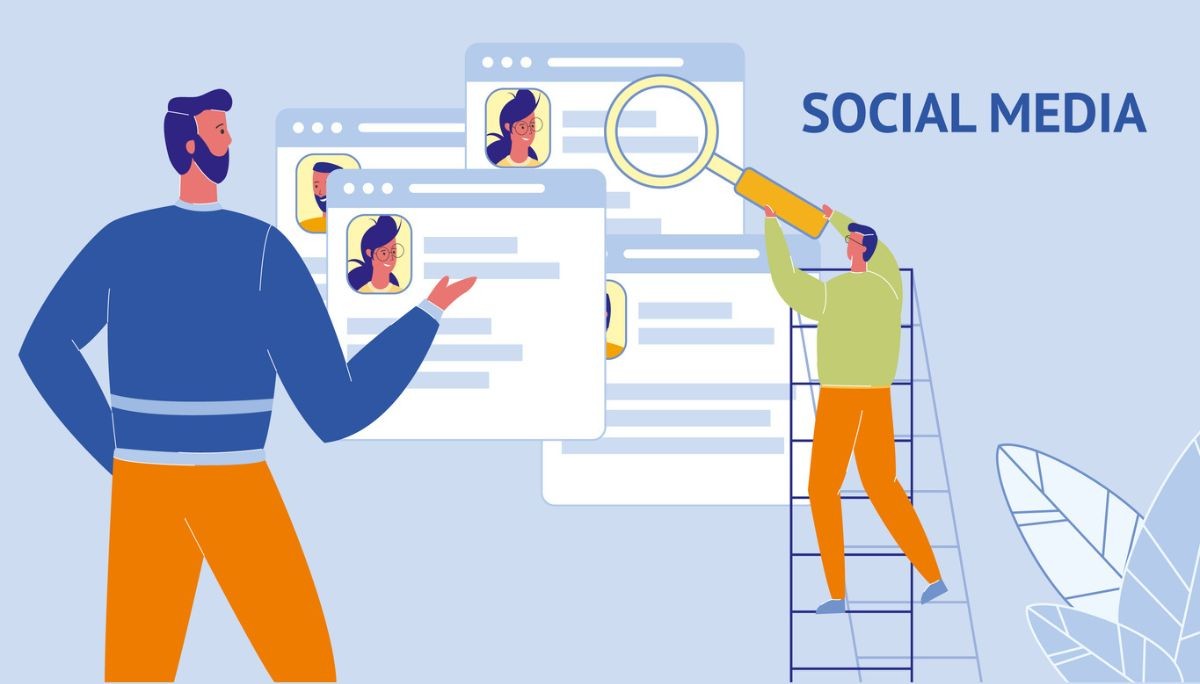 Illustration of recruiters analyzing digital social media profiles with magnifying glass, symbolizing how companies use social platforms to find talent.