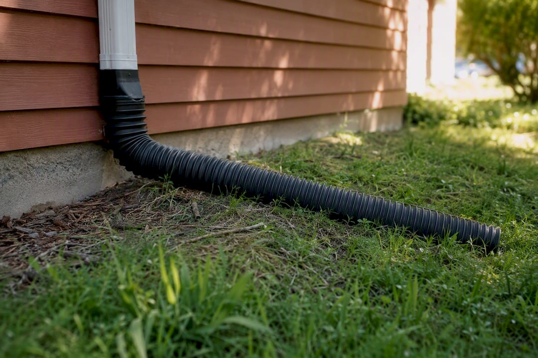 Black accordion flexible downspout extension outdoors