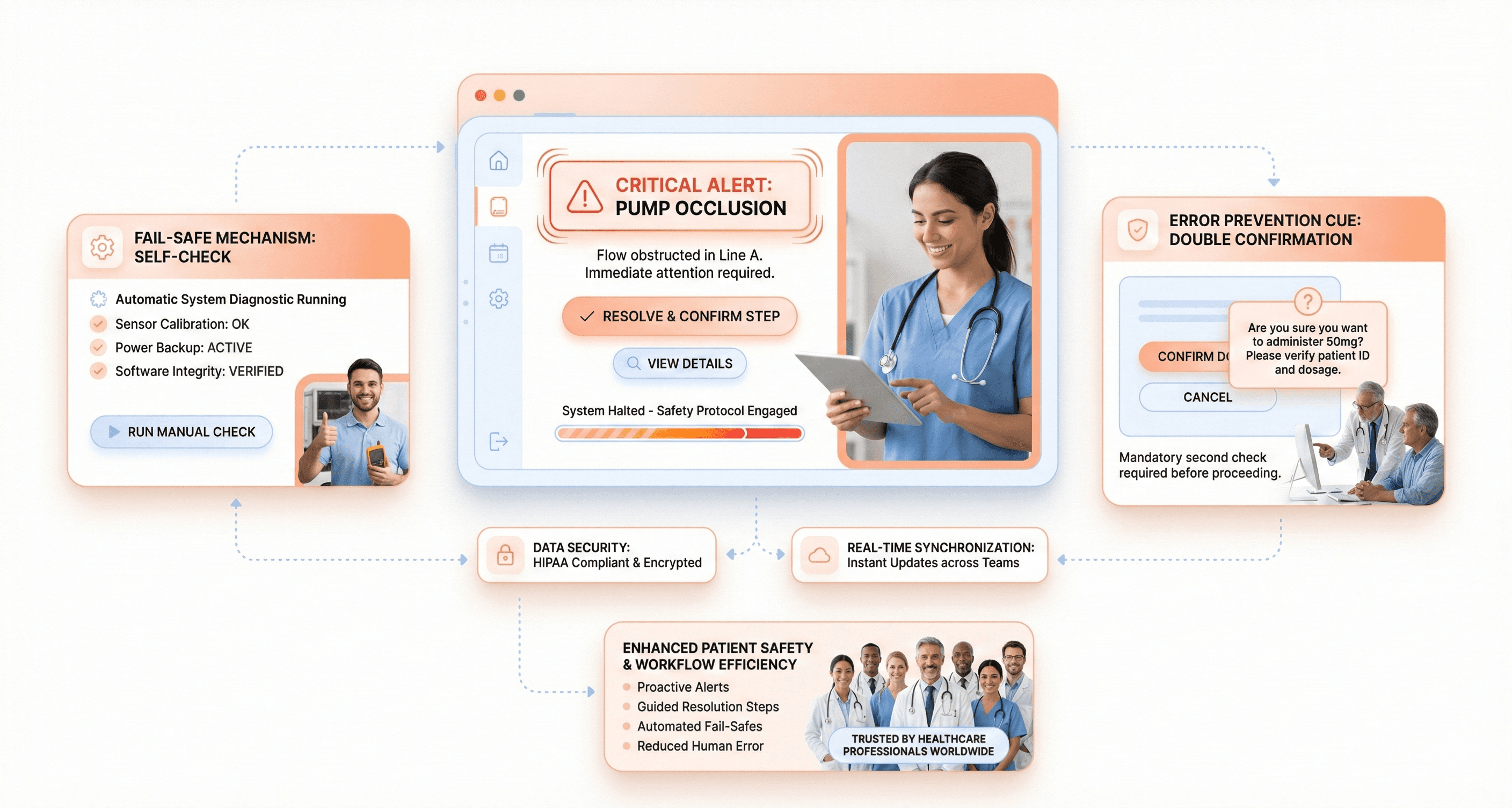 Medical device interface highlighting critical alerts, confirmation steps, and fail-safe features designed to prevent user errors.