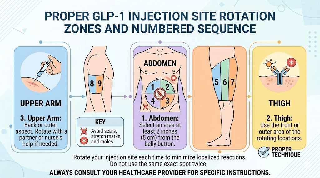 GLP-1 injection site rotation diagram showing abdomen thigh and arm zones