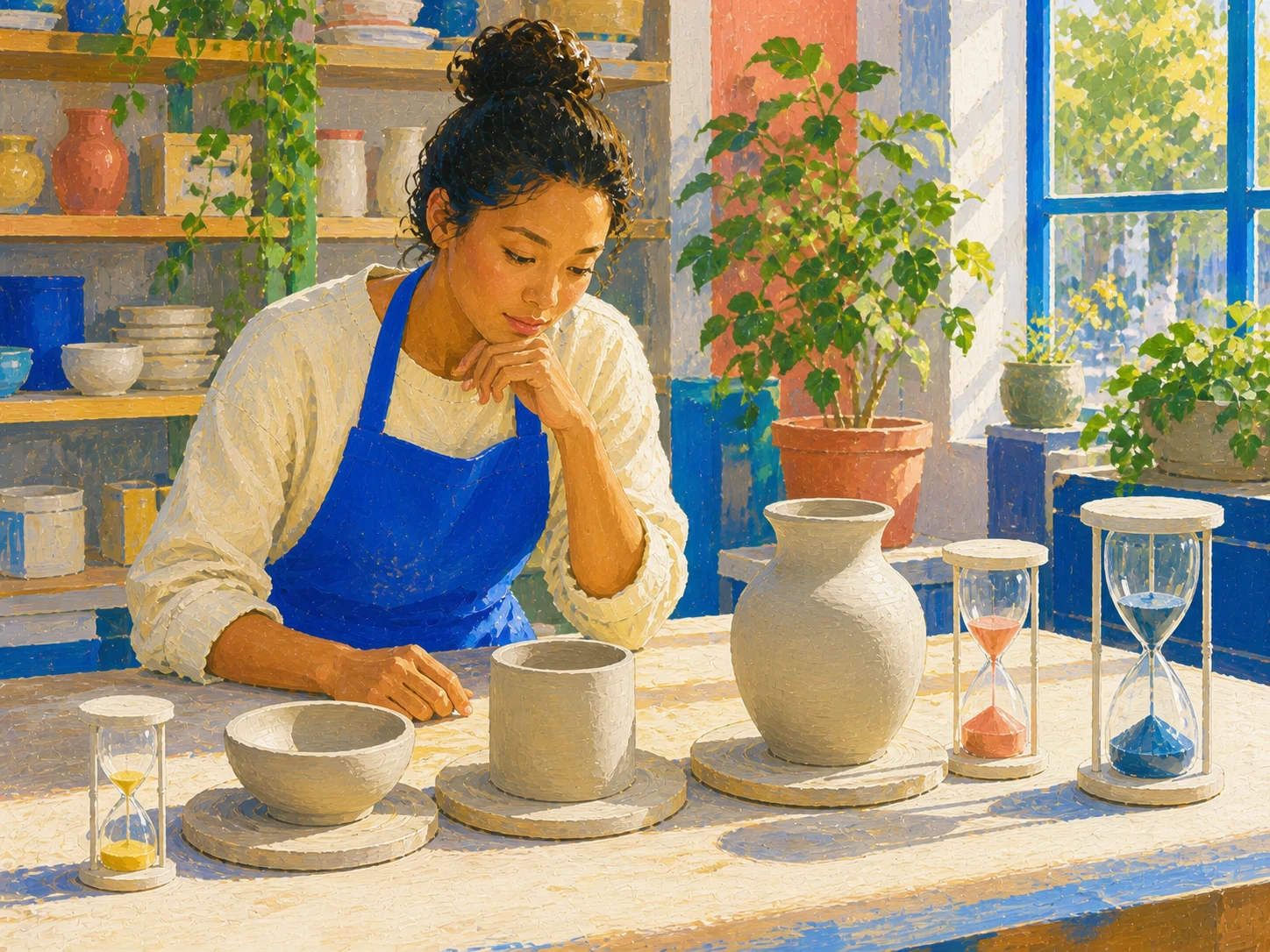 A ceramicist compares three trial sessions using different durations before choosing a focus rhythm.
