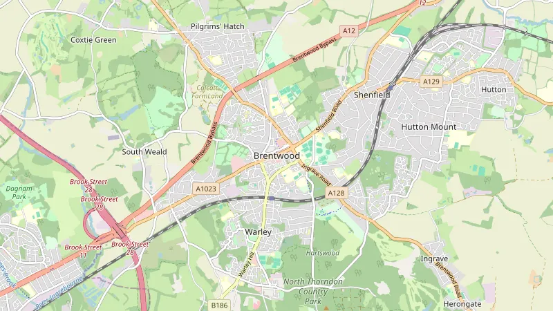 Map showing Brentwood in Essex